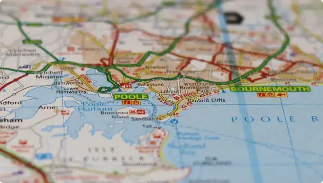 Map of Poole, Bournemouth and the surrounding Dorset coast